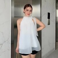 áo tơ cổ yếm cột nơ, áo kiểu nữ mặc cá tính - be - free size