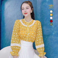 Áo tơ sen cổ ren tay phồng in cúc họa mi xinh xắn CHUU A1716