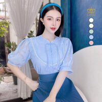 Áo tơ sen nữ viền ren cong tay phồng nút tàu tỉ muội CHUU A1608