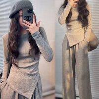 Áo Tôn Dáng, Bộ Hai Chiếc Dày Không Đều Phong Cách Hàn Quốc Thu Đông Cho Nữ, Quần Dài Ống Rộng Lau Sàn, Bộ Đồ Tôn Dáng