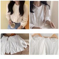 Áo trắng cổ tròn viền ren Hàn quốc - áo sơ mi trắng