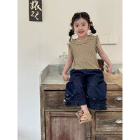 Áo Trẻ Em Mùa Hè 2025 Mới Quần Áo Trẻ Em Hàn Quốc Phong Cách Hàn Quốc Áo Ren Đan Không Tay Cổ Cao Co Giãn Họa Tiết Hoa Dành Cho Bé Gái