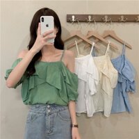 Áo trễ vai 2 dây đính cúc Korean Style Camisole Women Sexy Sleeveless Loose thin top Tank Top Áo Ngắn Hai Dây Mùa Hè Kiểu Mới Ngọt Ngào Hợp Thời Trang Cho Nữ