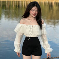 Áo trễ vai , áo kiểu nữ bẹt vai phối tầng chất xốp lưới siêu xinh