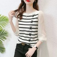 Áo Trễ Vai áo mặc trong kẻ sọc tay giữa mẫu mới đầu xuân cho nữ áo dệt kim Lụa băng tay bảy phần tư đầu xuân