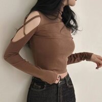 Áo trễ vai bó sát, áo sơ mi cổ lọ ngắn khoét sâu, áo thun dài tay nữ, dáng ôm vừa vặn