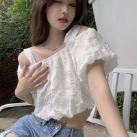 Áo Trễ vai Chất Xốp Croptop Tay Bồng 2 Dây Thắt Nơ M2897