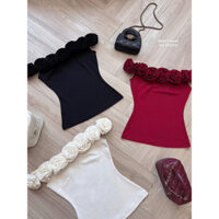 Áo Trễ Vai Croptop Kết Hoa Vải( Tự Xếp )Trắng Đen Đỏ Mút Đệm V1 Cá Tính Thời Trang Cho Mùa Hè