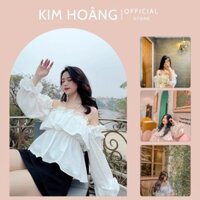 Áo trễ vai croptop Kim Hoàng màu trắng hở vai tay bồng bèo nhún thiết kế - (Linen Top) ྇