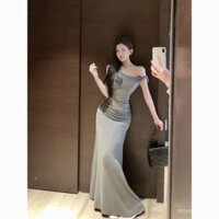 Áo trễ vai hoa màu xám Daisy Bộ đồ mặc kiểu trà dáng người nhỏ mùa hè cho nữ chân váy đuôi cá xẻ tà Bộ hai chiếc