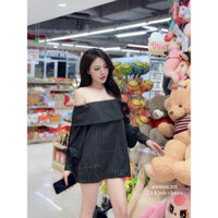 Áo Trễ Vai Kẻ Dọc Xanh Chất Chéo Thái Form Rộng Tay Phồng Cánh Rơi