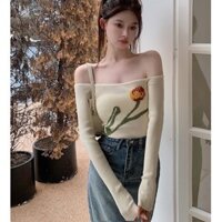 Áo Trễ Vai Kiểu Nữ In Hình Tay Dài Hai Màu Trắng Đen TTSLT0140