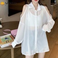 Áo trễ vai MINLIA Voan, Áo sơ mi nữ dài tay nhìn xuyên thấu, Áo sơ mi voan chống nắng trong suốt ngọt ngào