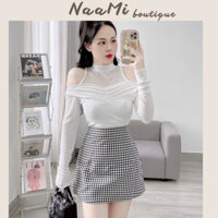 Áo trễ vai NaaMi khoét vai cách điệu form tay dài dáng dài chất nhũ nhung không nhăn hợp thời trang