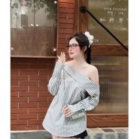 Áo trễ vai nữ Áo Trễ vai Tay dài Hoạ tiết kẻ Thanh lịch Dễ Phối đồ cho nữ