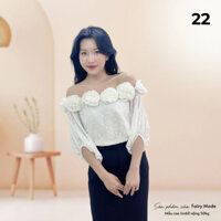Áo trễ vai nữ chất voan nhẹ, đính kết hoa sang trọng, tay phồng thanh lịch, phù hợp đi làm đi chơi - FM22