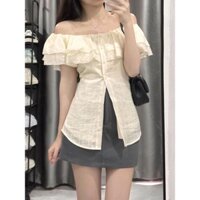 áo trễ vai phối bèo tay ngắn,áo sơ mi kiểu nữ bánh bèo thiết kế trễ vai chất đũi gân S341