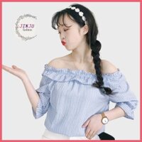 Áo Trễ Vai Tay Bồng-Áo Nữ Áo Kiểu Trễ Vai Hoạ Tiết Kẻ Sọc Thiết Kế Thanh Lịch Cho Phái Nữ - JinJu