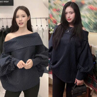 Áo trễ vai tay bồng kẻ xanh than hàng phối quần loe hay giấu quần