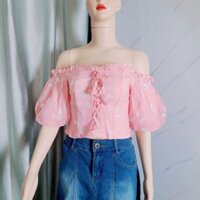 Áo trễ vai tay bồng vải tơ thêu