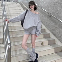 Áo trễ vai tay dài nữ xám tiêu hàn quốc local brand Salute áo sweater nỉ