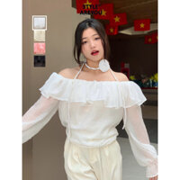 Áo trễ vai tay loe Kèm Dây Hoa, áo kiểu Style Are You phong cách tiểu thư chất liệu Tơ Hàn 2 lớp mềm mại