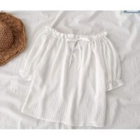 Áo trễ vai thắt nơ trắng freesize - NEW 90%