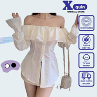 Áo trễ vai tiểu thư phối bèo tay dài cài nút Xquin, Áo kiểu nữ bẹt vai dáng dài có bo chun chất vải xốp siêu xinh