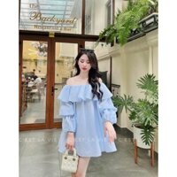 Áo trễ vai xốp kẻ xanh ống tay tầng dáng áo from rộng che mọi khuyết điểm của nhà student closet