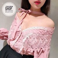 Áo trệt vai ren kèm nơ cổ