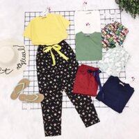 ÁO TRƠN CỔ TRÒN THUN GIẤY CỰC MÁT+BAGGY KAKI HOẠ TIẾT NƠ EO