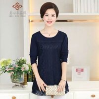 Áo trung niên nữ dài tay, áo ren cổ tròn (xanh)
