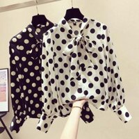 Áo Trung Niên Nữ U30 U40 U50 Chấm Bi Cổ Nơ Tay Dài Kiểu Dáng Sơ Mi_ Thời Trang Công Sở