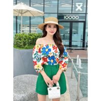 Áo vai trễ bánh bèo 2 tầng kiểu lệch vai chun nữ thiết kế tay lỡ Evastore