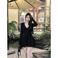 Áo váy babydoll len nữ dài tay dáng xoè cổ tim màu xanh đen tiểu thư siêu xinh