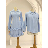 Áo váy cặp đôi- Đồ đôi couple nam nữ sọc xanh tay dài váy bèo xinh xắn 👗