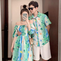 Áo váy cặp đôi tình nhân đi biển loang xanh bẹt vai tay lỡ