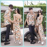 Áo váy cặp maxi đi biển, set đồ đôi nam nữ họa tiết hoa cam duyên dáng, xẻ tà cao táo bạo tôn dáng tay cánh tiên