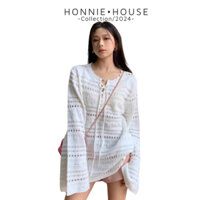 áo váy len lưới dáng thụng tay loe dây buộc oversize