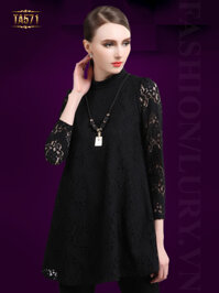 Áo váy ren họa tiết cổ trụ đẹp TA571 (Màu đen)