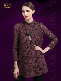 Áo váy ren họa tiết cổ trụ đẹp TA571 (Màu đỏ)