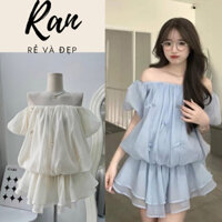 Áo váy trễ vai tơ bồng đính nơ sang chảnh dáng xoè trùm mông, Áo kiểu nữ bệt vai nữ tính nhẹ nhàng mặc đi tiệc, đi biển