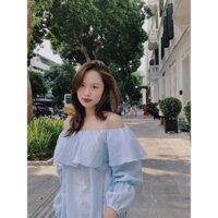 Áo váy trễ vai xanh