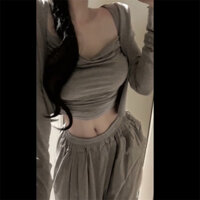 Áo vest dây đeo màu xám cho cô gái cay, áo khoác chống nắng, bộ đồ mùa hè nữ thanh lịch, quần ống rộng, quần dài, bộ ba món ZU14