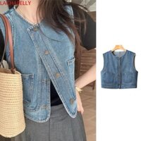 Áo vest Denim cổ điển LACHAPELLY, Áo khoác ngắn có nút màu xanh Y2K, Áo khoác không tay cổ tròn đơn giản phù hợp cho mọi trận đấu Áo khoác không tay crop cho bé gái