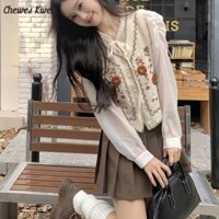 Áo Vest dệt kim cổ chữ V thêu hoa cổ điển Áo len nữ Bộ hai mảnh