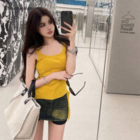 Áo vest dệt kim không tay màu vàng yếm dành cho nữ