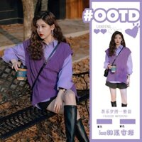 Áo vest Dệt Kim Màu Tím + Áo Sơ Mi Cổ polo Đơn Giản Thời Trang Thu Đông Phong Cách Hàn Quốc Cho Nữ