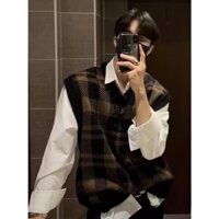 Áo vest dệt kim nam kẻ sọc caro phong cách hàn quốc, áo gile len cổ chữ V dáng rộng nam nữ unisex thu đông trẻ trung