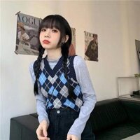 Áo Vest len Kẻ Sọc Caro Croptop Thời Trang Cho Nữ 08 - Xanh,L